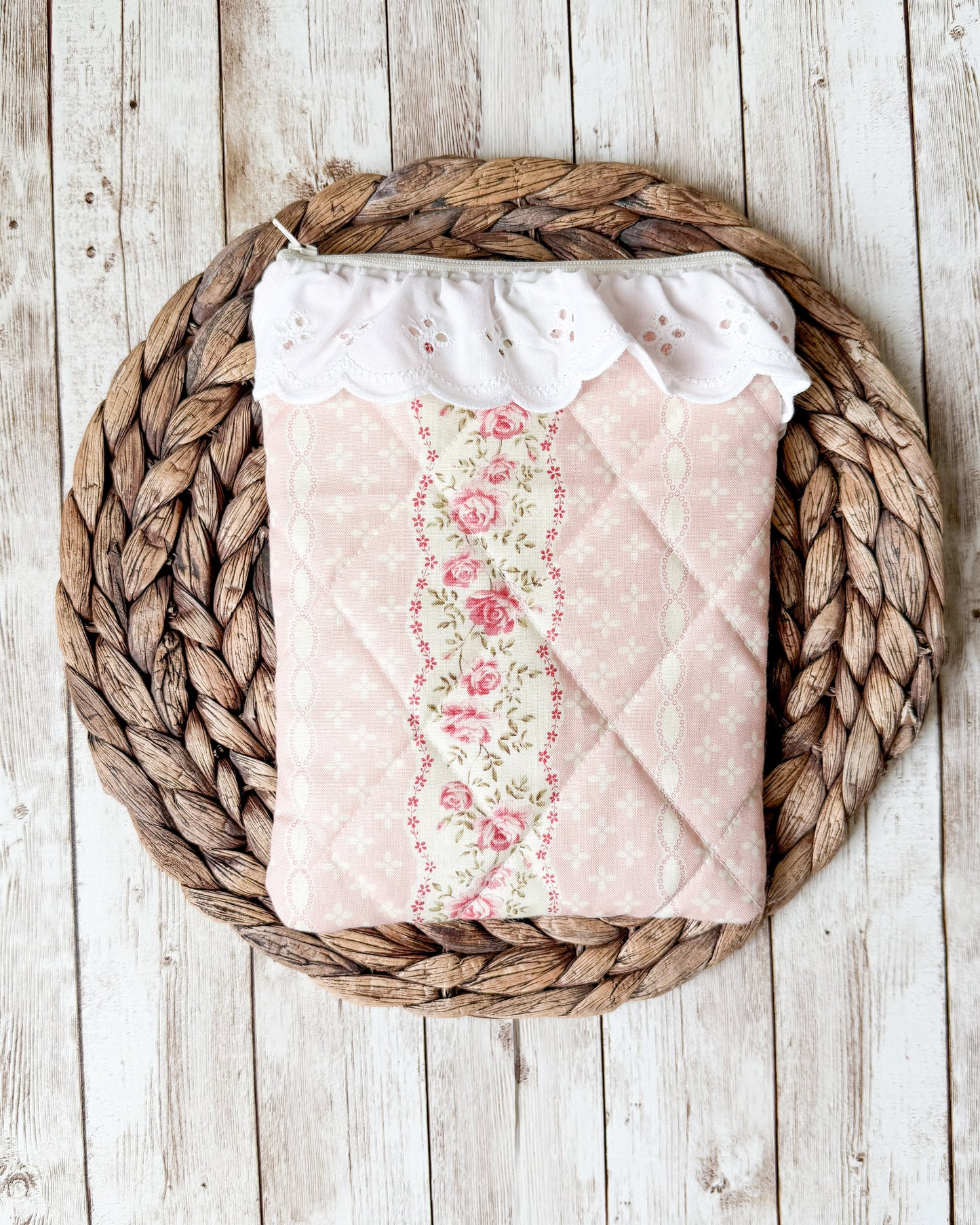 Pink Vintage Quilted Kindle Sleeve with Zipper and Ruffles