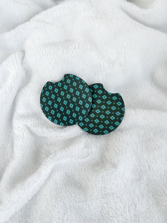 Aztec Black and Turquoise Car Coasters