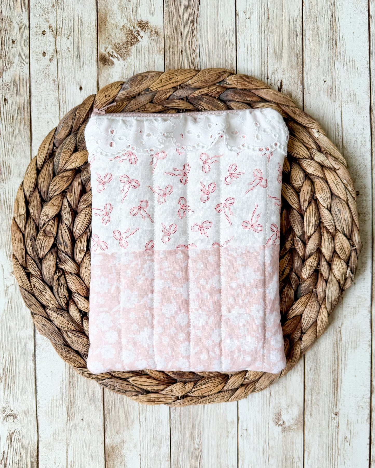 Dainty Pink Quilted Kindle Sleeve with Zipper and Ruffles