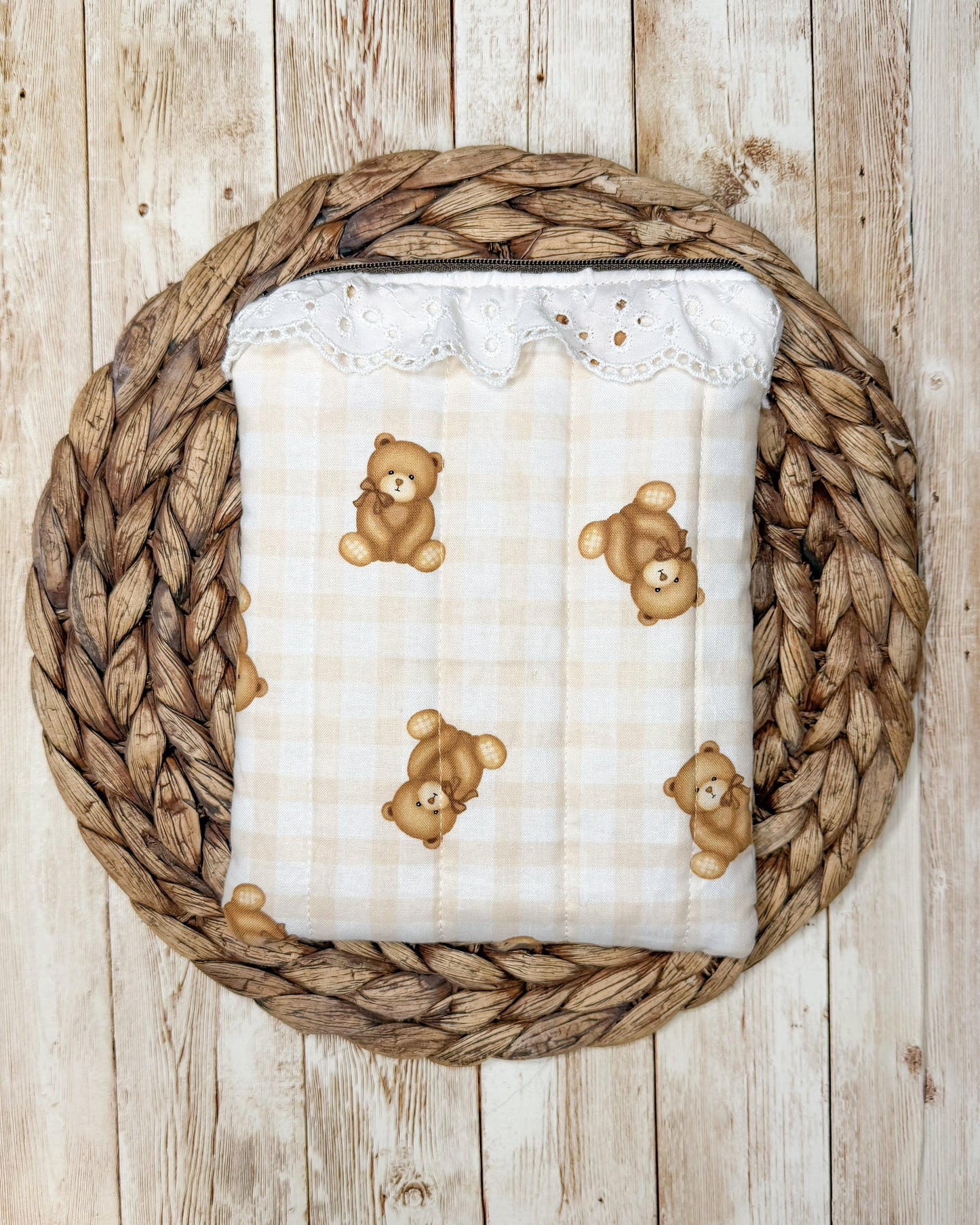 Gingham Teddy Quilted Kindle Sleeve with Zipper and Ruffles